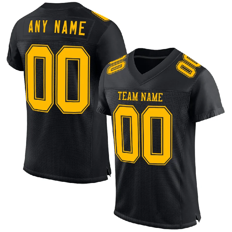 Soccer jersey with player name and number personalization-Custom Black Gold Mesh Authentic Football Jersey