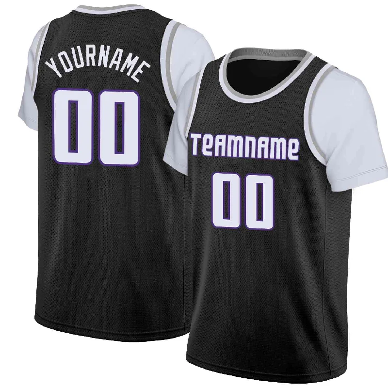 Personalized soccer jersey for school teams-Personalized basketball jersey for school teams-Custom Black White-Purple Classic Tops Casual Fake Sleeve Basketball Jersey