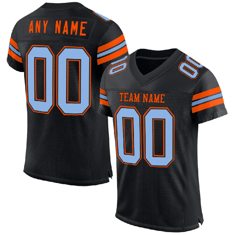 Custom soccer jersey for both players and fans-Custom Black Light Blue-Orange Mesh Authentic Football Jersey