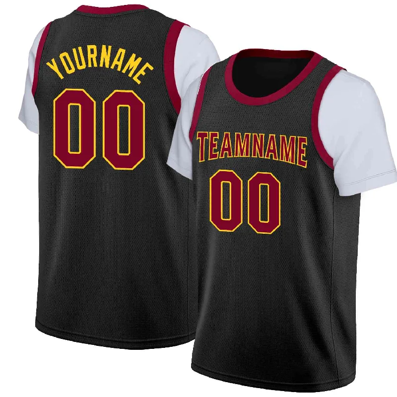 Custom soccer jersey for both indoor and outdoor games-Custom basketball jersey for both indoor and outdoor games-Custom Black Maroon-Yellow Classic Tops Casual Fake Sleeve Basketball Jersey