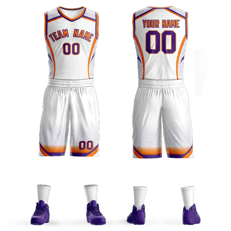 Soccer jersey with professional team logos-Basketball jersey with professional team logos-Custom White Orange-Purple Graffiti Pattern Sets Points Element Basketball Jersey