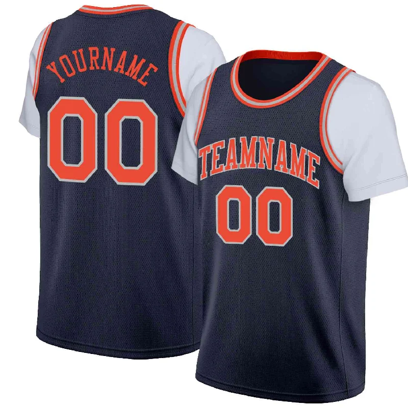 Custom soccer jersey for youth soccer leagues-Custom basketball jersey for youth basketball leagues-Custom Navy Orange-Gray Classic Tops Casual Fake Sleeve Basketball Jersey