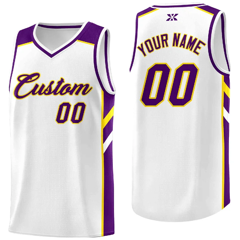 Soccer jersey with customizable stitching and patchwork-Basketball jersey with customizable stitching and patchwork-Custom White Purple-Yellow Classic Tops Style Mesh Sport Basketball Jersey