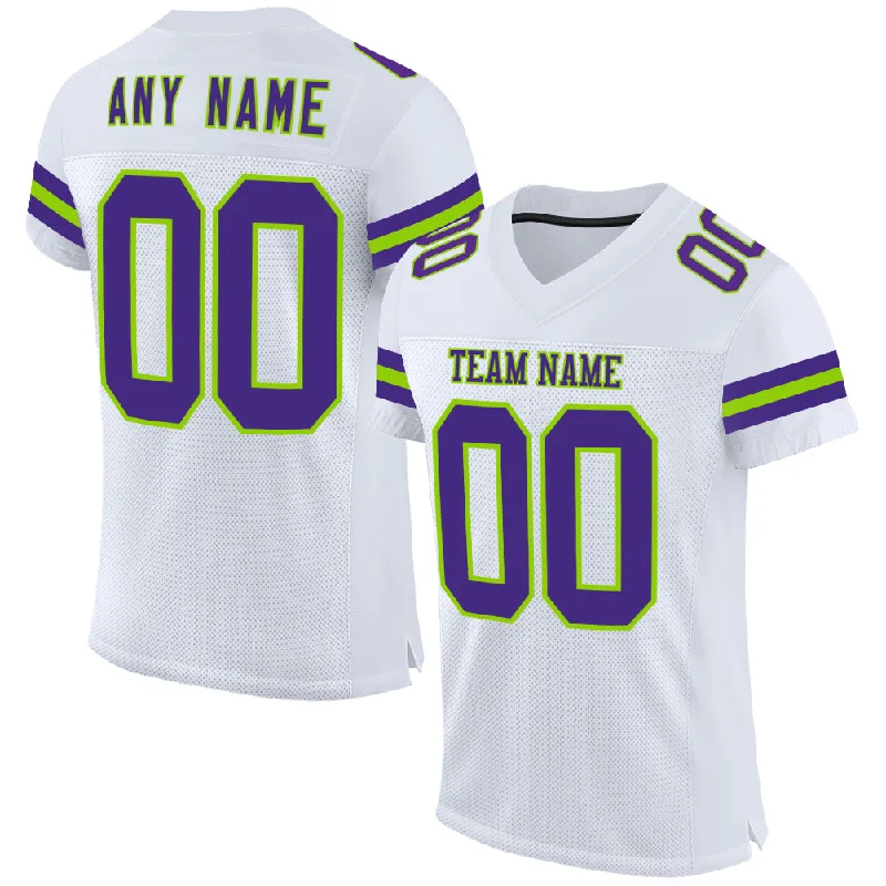 Personalized soccer jersey with vibrant color schemes-Custom White Purple-Neon Green Mesh Authentic Football Jersey