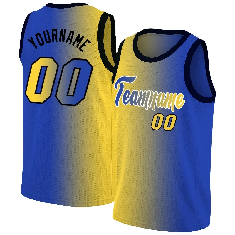 Soccer jersey with breathable fabric for all-day wear-Basketball jersey with breathable fabric for all-day wear-Custom Yellow Royal-White Gradient Fashion Tops Basketball Jersey