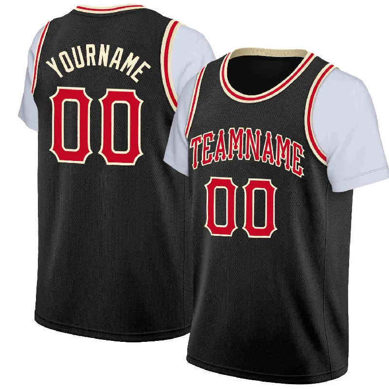 Custom soccer jersey for corporate team events-Custom basketball jersey for corporate team events-Custom Black Red-Cream Classic Tops Casual Fake Sleeve Basketball Jersey