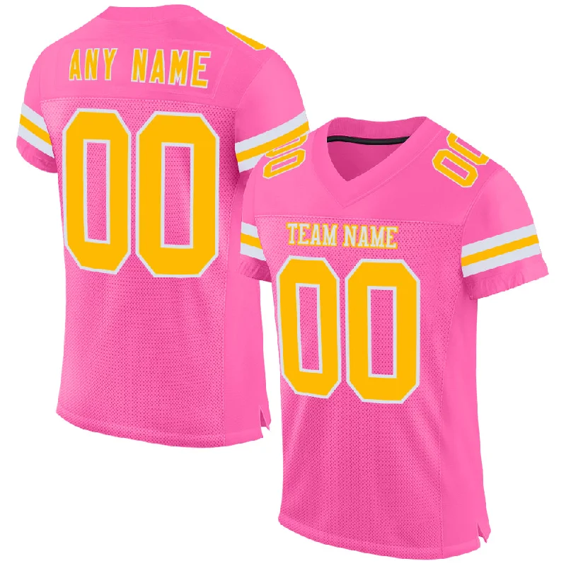 Soccer jersey with sporty designs for streetwear-Custom Pink Gold-White Mesh Authentic Football Jersey