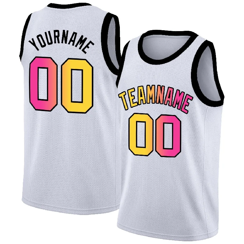 Soccer jersey with stylish details for fans-Basketball jersey with stylish details for fans-Custom White Yellow-Pink Gradient Fashion Tops Basketball Jersey