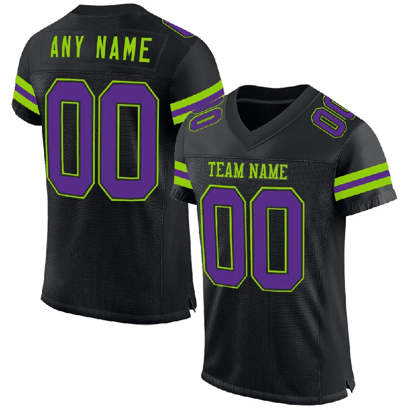 Personalized soccer jersey for fans-Custom Black Purple-Neon Green Mesh Authentic Football Jersey