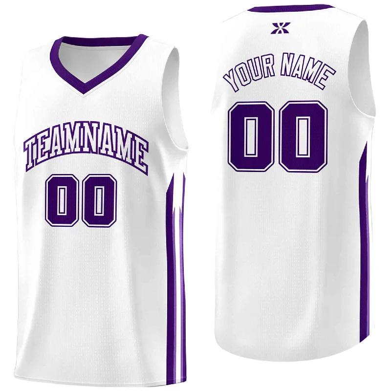 Personalized soccer jersey with custom colors and logos-Personalized basketball jersey with custom colors and logos-Custom White Purple-Classic Tops Mesh Sport Bull Basketball Jersey