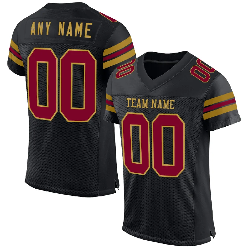 Soccer jersey with mesh panels for ventilation-Custom Black Maroon-Old Gold Mesh Authentic Football Jersey