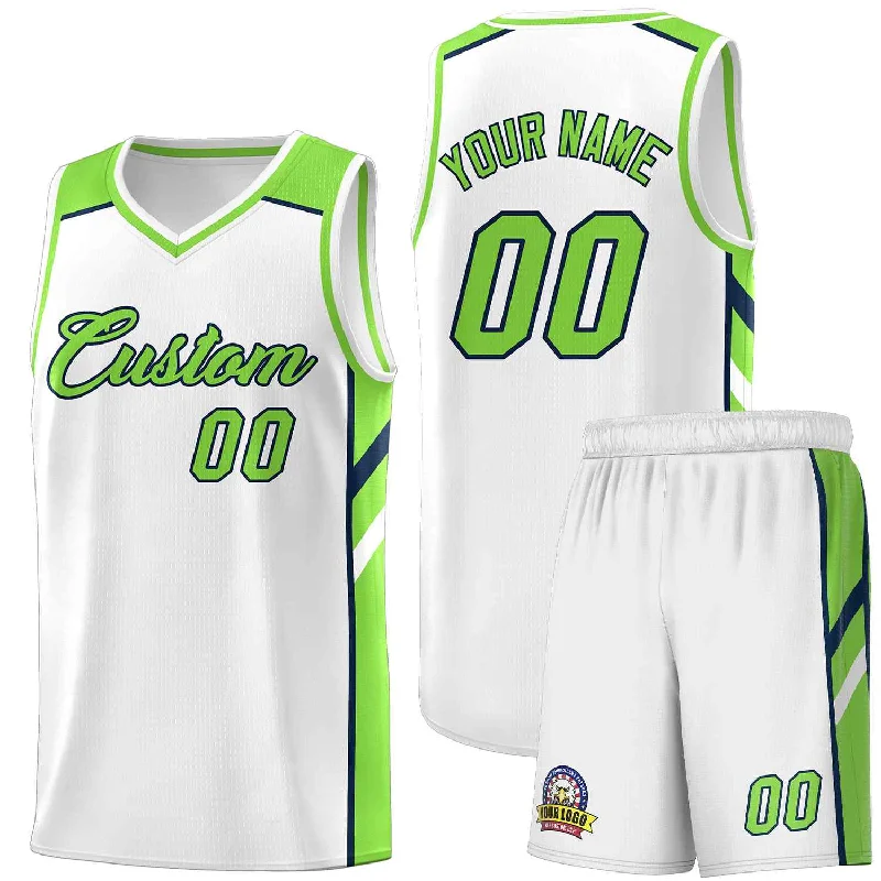 Team soccer jersey with matching accessories-Team basketball jersey with matching accessories-Custom White Neon Green-Navy Classic Sets Sports Uniform Basketball Jersey