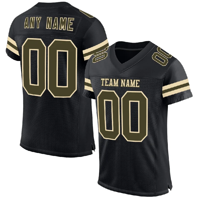 Soccer jersey with vibrant designs for energetic players-Custom Black Olive-Cream Mesh Authentic Football Jersey