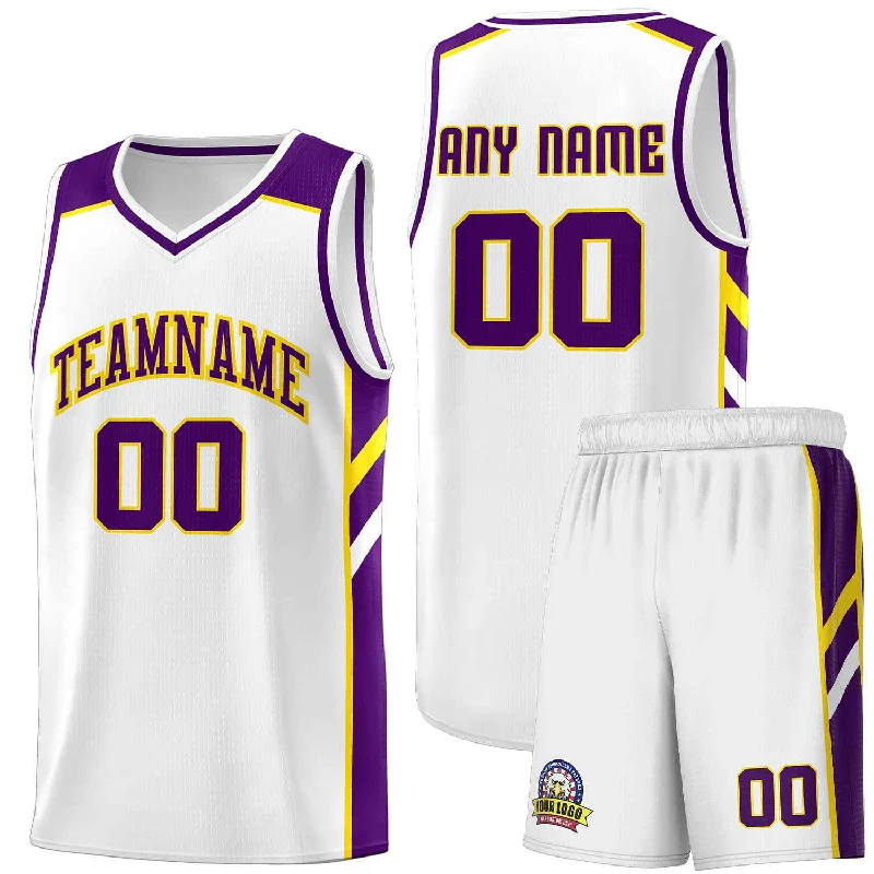 Soccer jersey with breathable fabric for all-day wear-Basketball jersey with breathable fabric for all-day wear-Custom White Purple-Yellow Classic Sets Sports Uniform Basketball Jersey