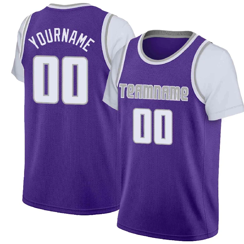 Soccer jersey with lightweight material for performance-Basketball jersey with lightweight material for performance-Custom Purple Gray-White Classic Tops Casual Fake Sleeve Basketball Jersey