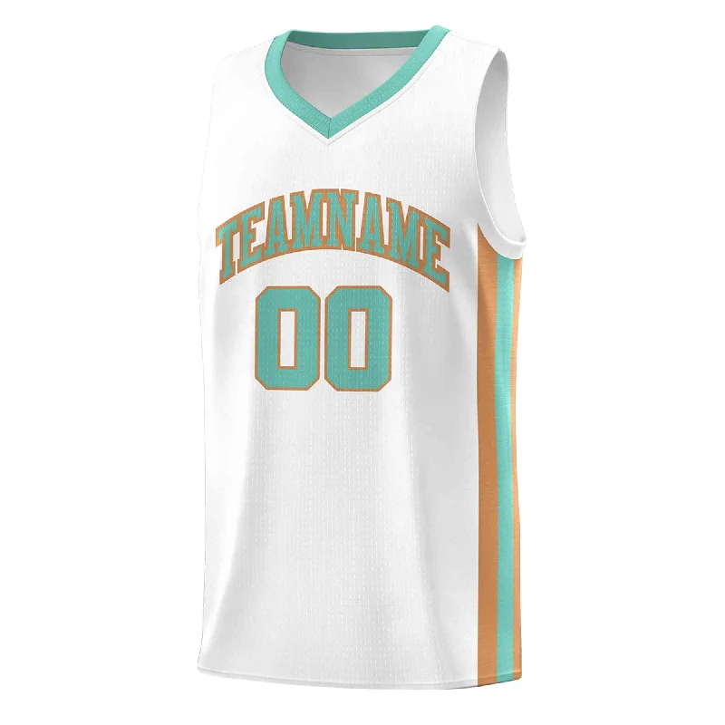 Custom soccer jersey with breathable fabric for fitness-Custom basketball jersey with breathable fabric for fitness-Custom White Teal-Old Gold Classic Tops Mesh Sport Basketball Jersey