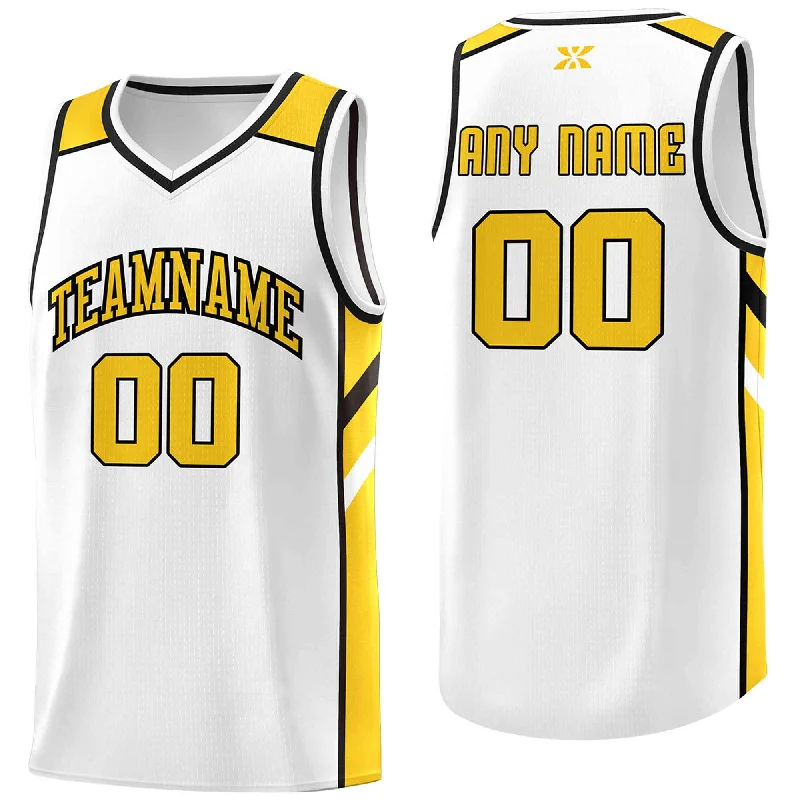 Personalized soccer jersey with motivational quotes-Personalized basketball jersey with motivational quotes-Custom White Yellow-Black Classic Tops Style Mesh Sport Basketball Jersey