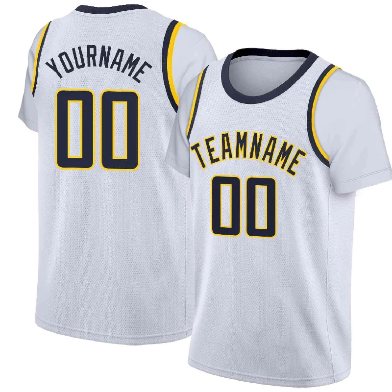 Custom soccer jersey with player name and number-Custom basketball jersey with player name and number-Custom White Navy-Yellow Classic Tops Casual Fake Sleeve Basketball Jersey