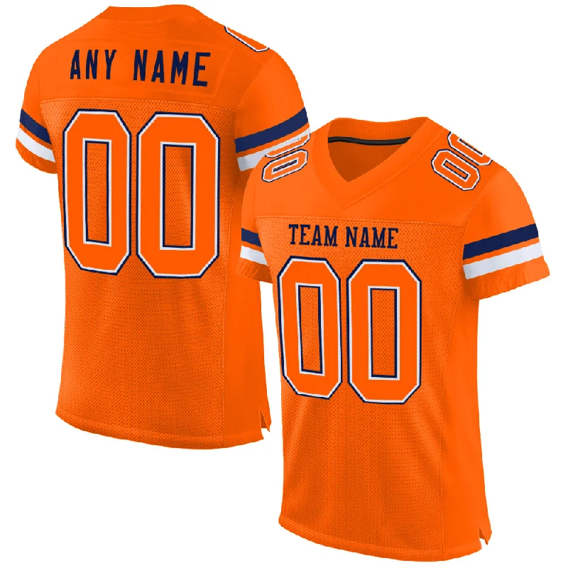 Personalized soccer jersey with custom colors and logos-Custom Orange White-Navy Mesh Authentic Football Jersey