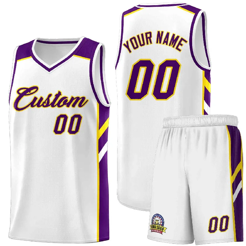 Soccer jersey with team patches and logo customization-Basketball jersey with team patches and logo customization-Custom White Purple-Yellow Classic Sets Sports Uniform Basketball Jersey