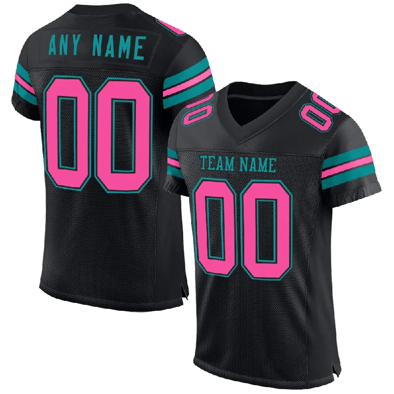 Soccer jersey with custom logo embroidery-Custom Black Pink-Teal Mesh Authentic Football Jersey