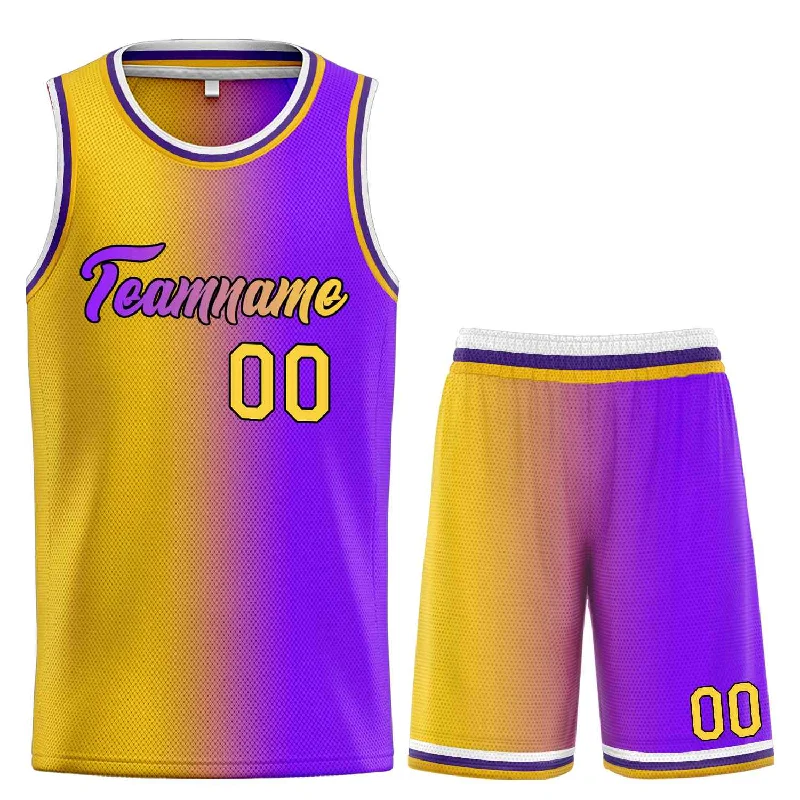 Soccer jersey for school sports events and activities-Basketball jersey for school sports events and activities-Custom Yellow Purple-Black Heal Gradient Fashion Sports Sets Uniform Basketball Jersey