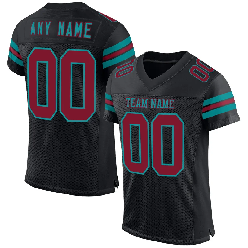 Personalized soccer jersey with bold number designs-Custom Black Crimson-Teal Mesh Authentic Football Jersey