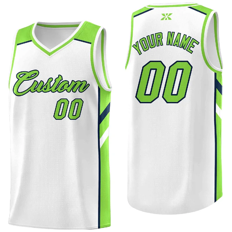 Soccer jersey with player name and number personalization-Basketball jersey with player name and number personalization-Custom White Neon Green-Navy Classic Tops Style Mesh Sport Basketball Jersey