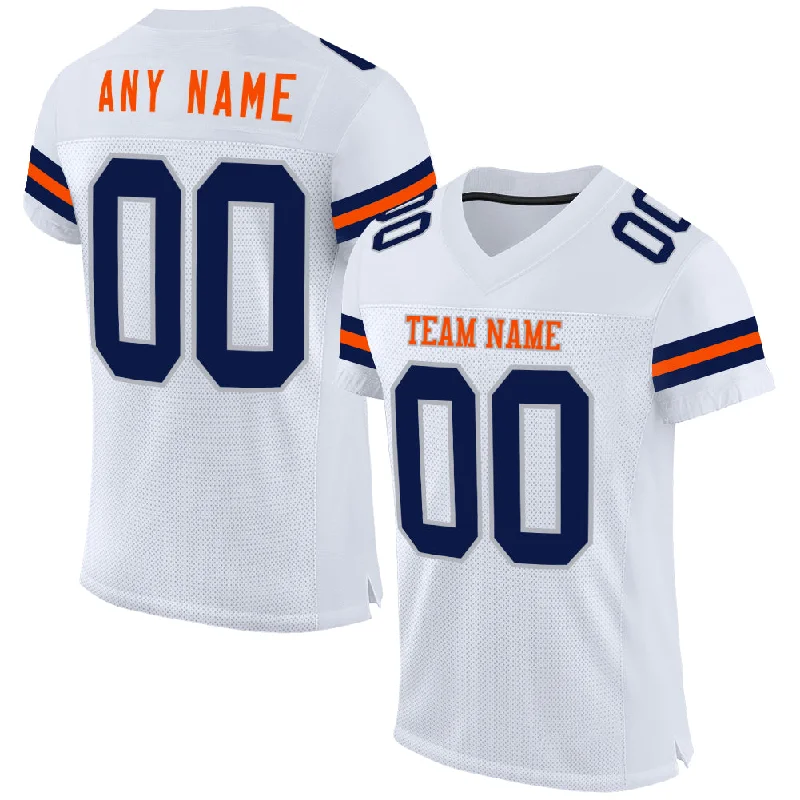 Personalized soccer jersey with custom sleeve options-Custom White Navy Gray-Orange Mesh Authentic Football Jersey