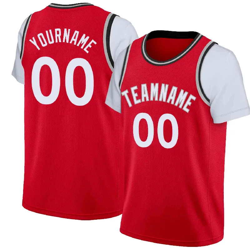 Personalized soccer jersey with custom colors and logos-Personalized basketball jersey with custom colors and logos-Custom Red White-Gray Classic Tops Casual Fake Sleeve Basketball Jersey