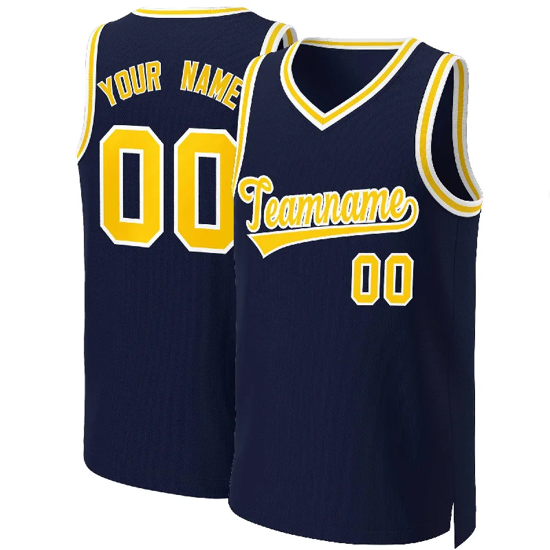 Soccer jersey with moisture management for athletes-Basketball jersey with moisture management for athletes-Custom Navy Yellow-White Classic Tops Basketball Jersey