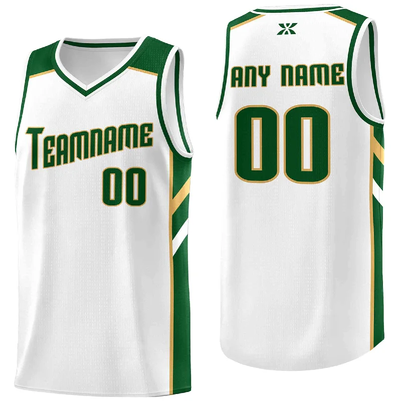 Custom soccer jersey for team spirit-Custom basketball jersey for team spirit-Custom White Green-Old Gold Classic Tops Style Mesh Sport Basketball Jersey