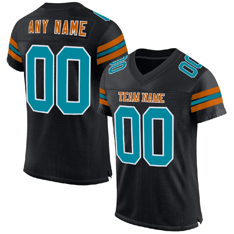 Soccer jersey with team colors and design-Custom Black Teal-Texas Orange Mesh Authentic Football Jersey