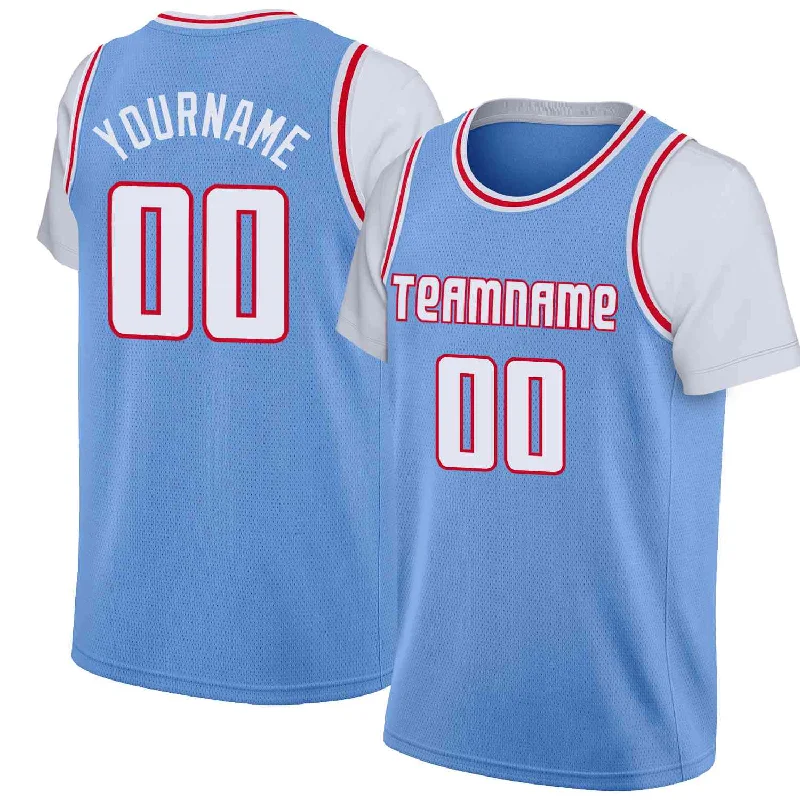 Custom soccer jersey for game day events-Custom basketball jersey for game day events-Custom Light Blue White-Red Classic Tops Casual Fake Sleeve Basketball Jersey