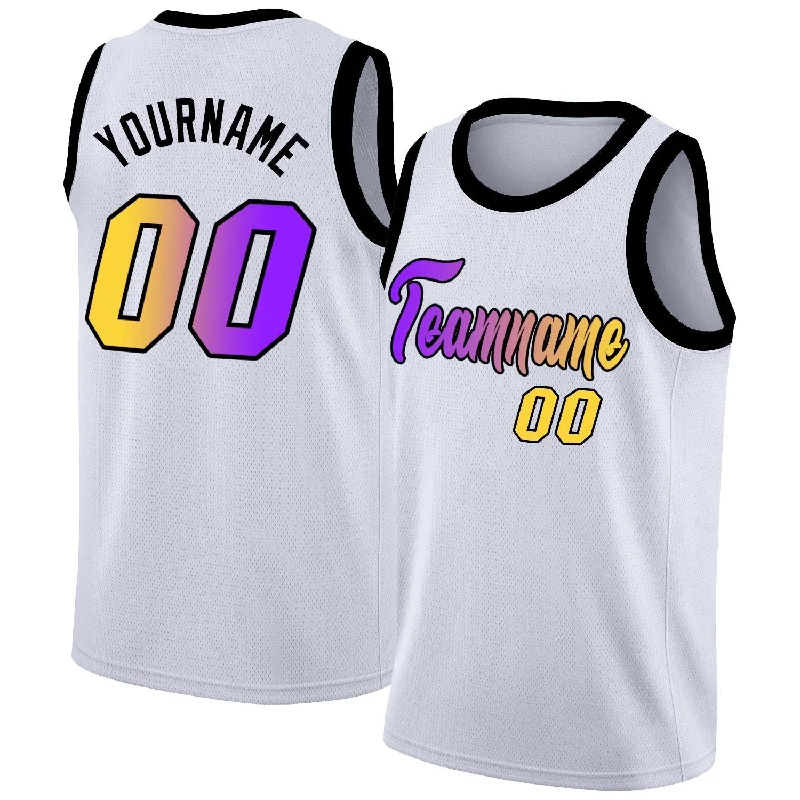 Soccer jersey with professional team logos-Basketball jersey with professional team logos-Custom White Yellow Purple Gradient Fashion Tops Basketball Jersey