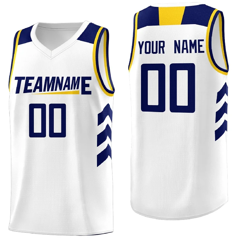 Personalized soccer jersey for team photo sessions-Personalized basketball jersey for team photo sessions-Custom White Navy-Yellow Classic Tops Mesh Sport Basketball Jersey