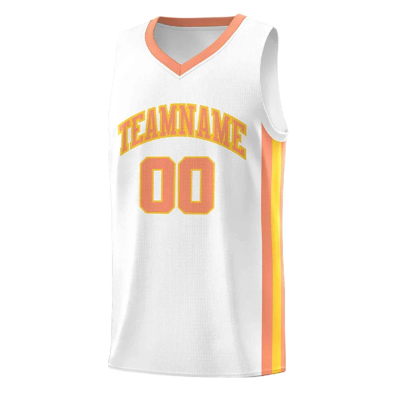 Personalized soccer jersey with modern team logo-Personalized basketball jersey with modern team logo-Custom White Orange-Yellow Classic Tops Mesh Sport Basketball Jersey