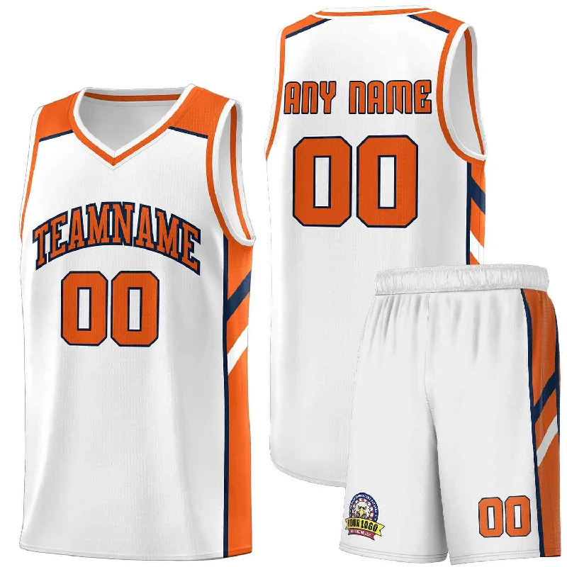 Soccer jersey with mesh panels for ventilation-Basketball jersey with mesh panels for ventilation-Custom White Orange-Navy Classic Sets Sports Uniform Basketball Jersey