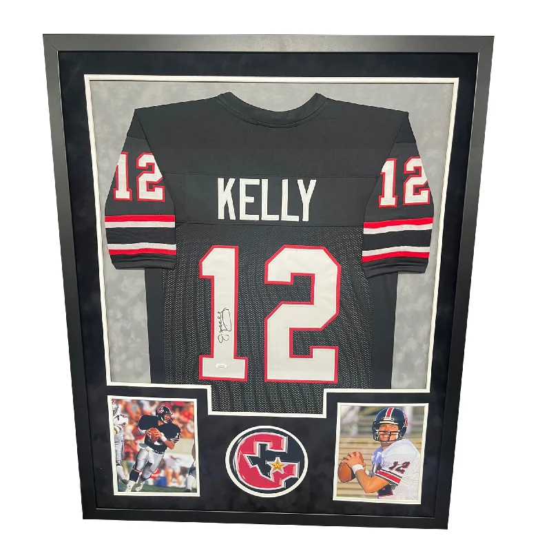 Custom soccer jersey for casual sports lovers-Jim Kelly Signed Houston Black Custom Double-Suede Framed football Jersey (JSA)