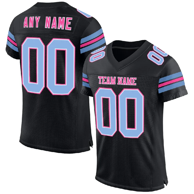 Team soccer jersey with matching accessories-Custom Black Light Blue-Pink Mesh Authentic Football Jersey