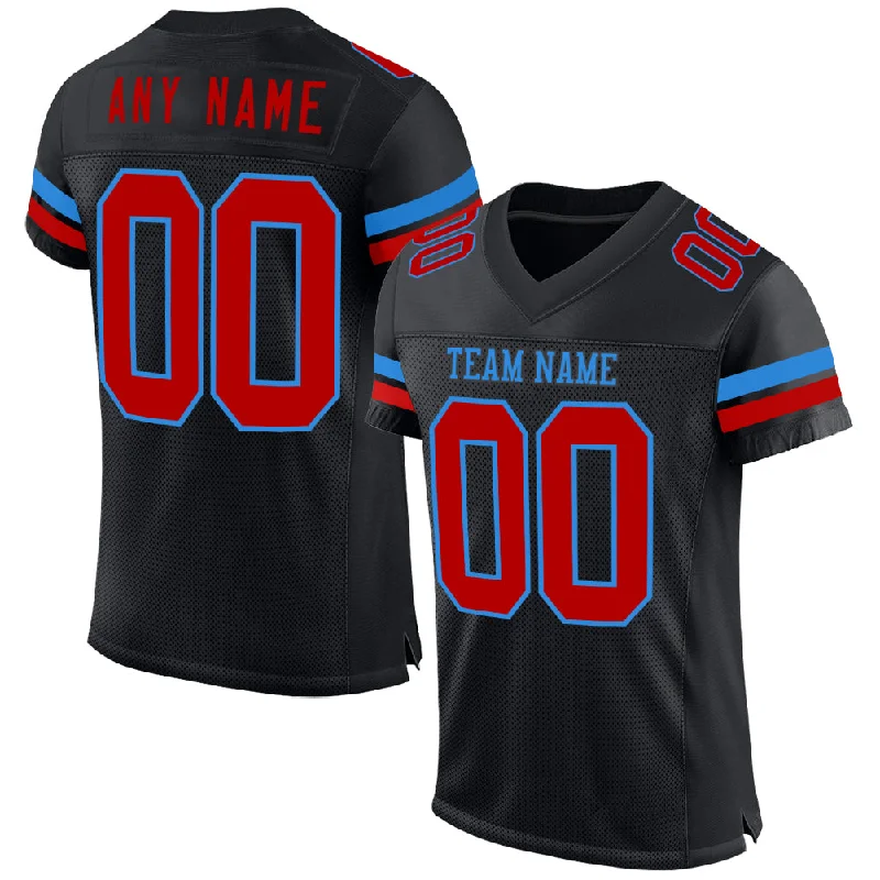 Soccer jersey with moisture-wicking fabric for comfort-Custom Black Red-Powder Blue Mesh Authentic Football Jersey