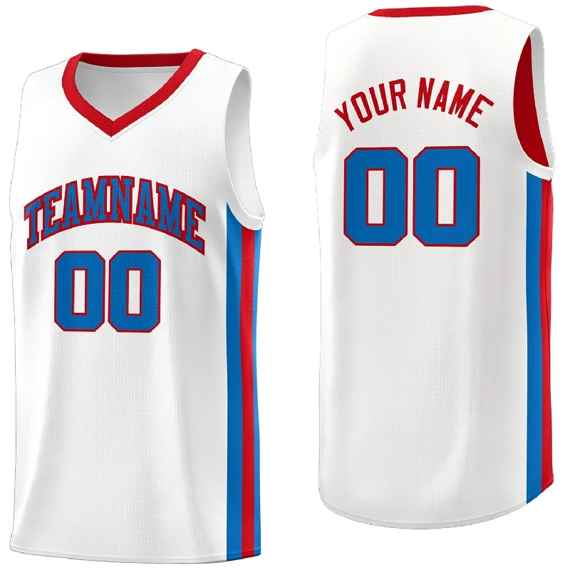 Personalized soccer jersey with team-specific logos-Personalized basketball jersey with team-specific logos-Custom White Red-Royal Classic Tops Athletic Casual Basketball Jersey