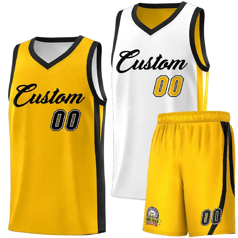 Soccer jersey with customizable stitching and patchwork-Basketball jersey with customizable stitching and patchwork-Custom White Yellow Double Side Sets Men Basketball Jersey