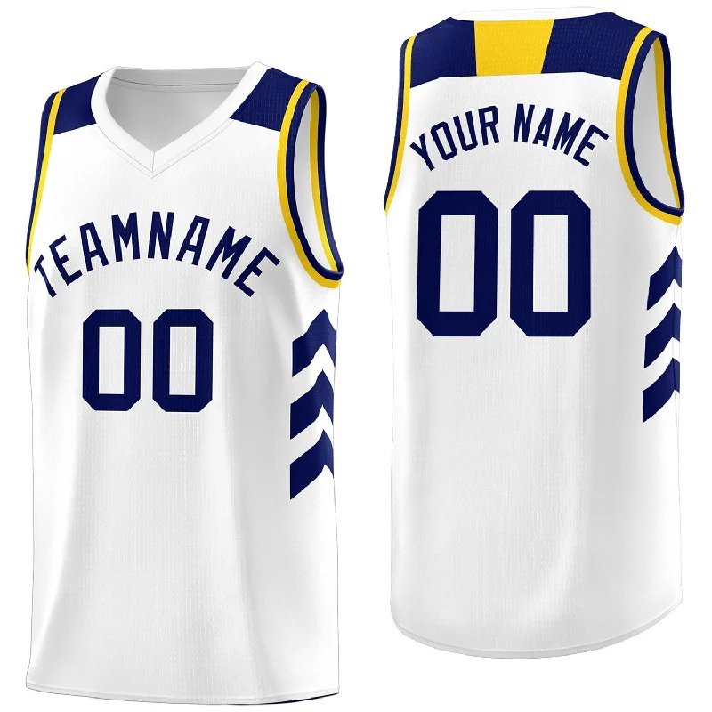 Soccer jersey with unique designs for charity auctions-Basketball jersey with unique designs for charity auctions-Custom White Navy-Yellow Classic Tops Fashion Sportwear Basketball Jersey