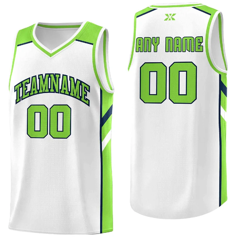 Personalized soccer jersey with custom sleeve options-Personalized basketball jersey with custom sleeve options-Custom White Neon Green-Navy Classic Tops Style Mesh Sport Basketball Jersey