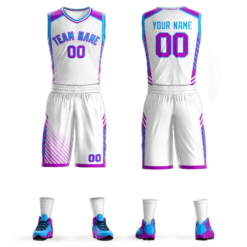 Soccer jersey with custom team branding-Basketball jersey with custom team branding-Custom White Powder Blue-Purple Graffiti Pattern Sets Bar Element Basketball Jersey