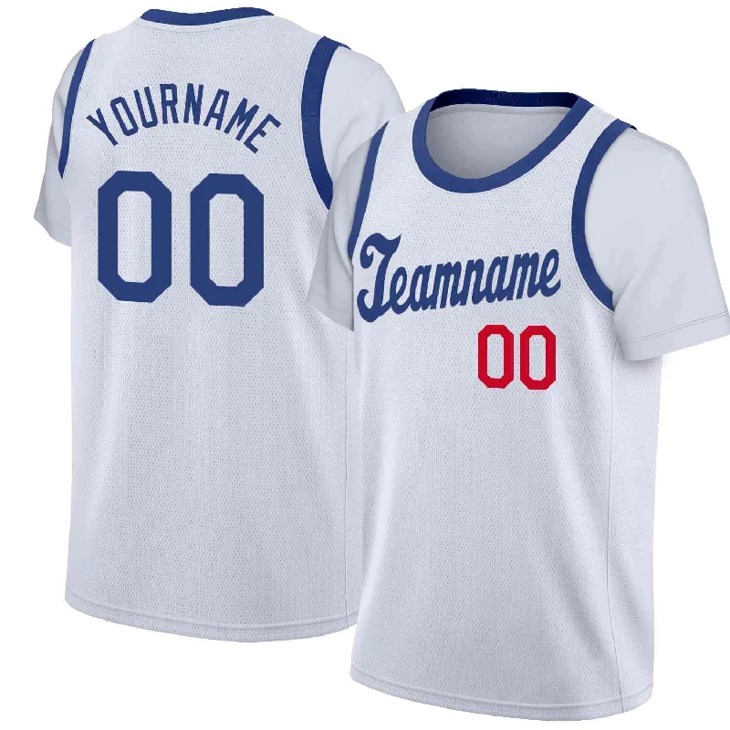 Soccer jersey for school sports events and activities-Basketball jersey for school sports events and activities-Custom White Royal Classic Tops Casual Fake Sleeve Basketball Jersey