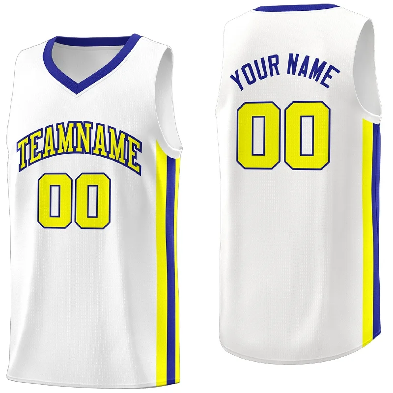 Soccer jersey with moisture-wicking fabric for comfort-Basketball jersey with moisture-wicking fabric for comfort-Custom White Royal-Yellow Classic Tops Athletic Casual Basketball Jersey