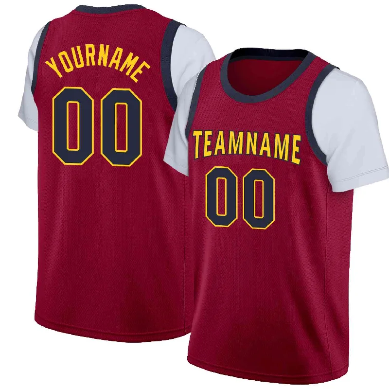 Soccer jersey with advanced fabric technology-Basketball jersey with advanced fabric technology-Custom Maroon Yellow-Navy Classic Tops Casual Fake Sleeve Basketball Jersey