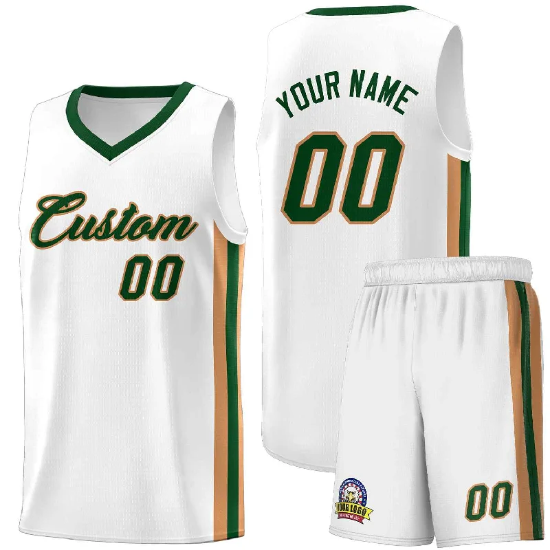 Soccer jersey with professional team logos-Basketball jersey with professional team logos-Custom White Green-Old Gold Classic Sets Sports Uniform Basketball Jersey